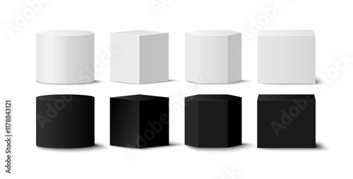Black & White Pedestals or podium, abstract geometric empty museum scenes, exhibits for award ceremony or product presentation. 
