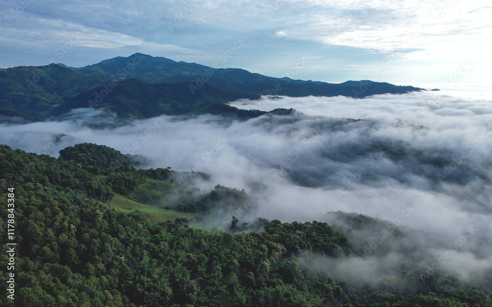 Aerial landscape view of mountains and the sea of fog by drone Aerial landscape view of mountains and the sea of fog by drone
