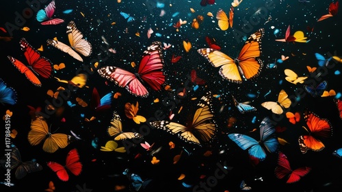  various brightly colored butterflies on a black background.