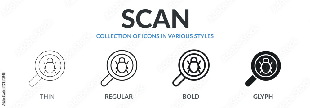 Collection of SCAN icons in variety of styles. Designed in thin line, regular line, bold line, and glyph. Collection of SCAN icons in variety of styles. Designed in thin line, regular line, bold line, and glyph.