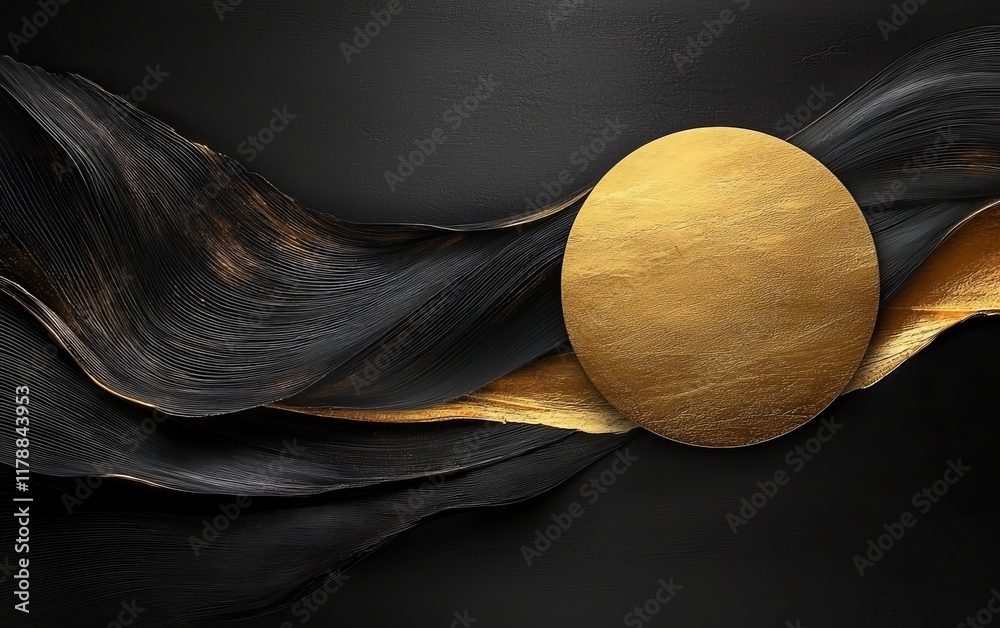 Fototapeta premium Abstract Gold and Black Swirling Waves with Circular Frame Elegant Luxury Background Design