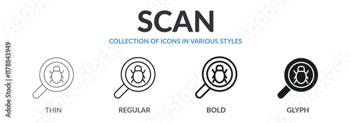 Collection of SCAN icons in variety of styles. Designed in thin line, regular line, bold line, and glyph.