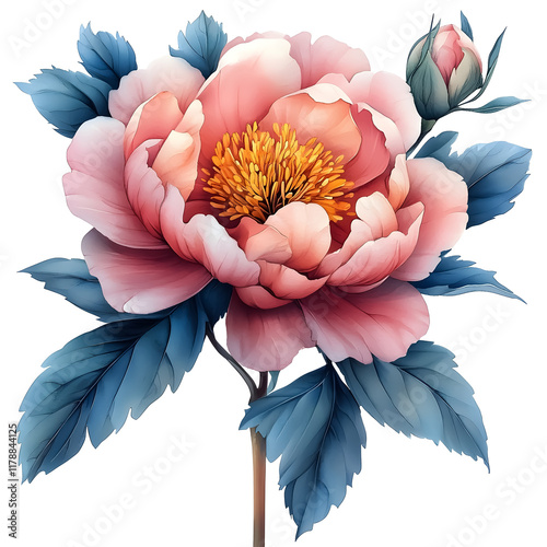 Nature, flowers, clipart watercolor painting of flower, symmetrical pattern, botanical print on white background, vintage style.QW-0815