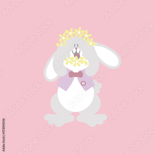 happy easter valentines day festival with animal pet bunny rabbit and flower, pastel color, flat vector illustration cartoon character