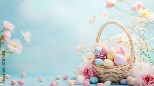 Geflochtener Osterkorb mit pastellfarbenen Eiern und Frühlingsblumen vor blauem Hintergrund, Woven Easter basket with pastel-colored eggs and spring flowers on blue background