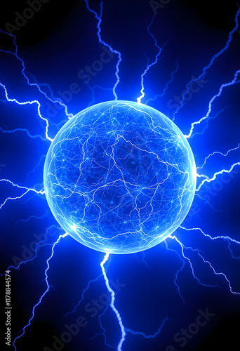 Blue electric sphere plasma ball lightning abstract background, with lightning in the dark. 3D rendering, vibrant, with white tones