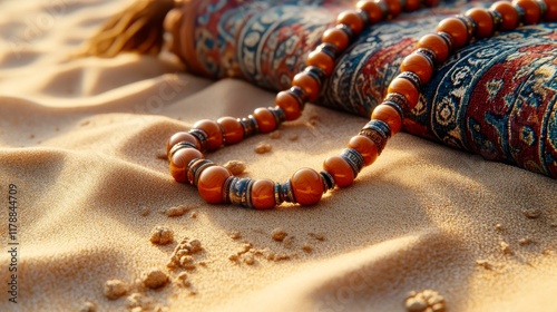 A Islamic misbaha resting on soft desert sand, placed next to a folded prayer rug photo