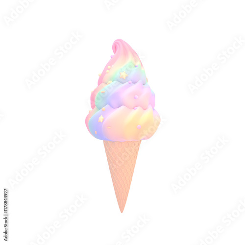 3D render cartoon rainbow ice cream cone object on transparent background.
