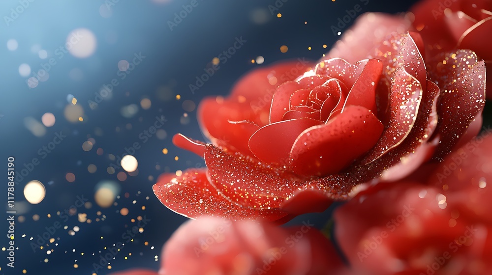 Vibrant lush red roses with shimmering golden glitter accents on the delicate petals creating a magical romantic and luxurious floral composition against a dark background Vibrant lush red roses with shimmering golden glitter accents on the delicate petals creating a magical romantic and luxurious floral composition against a dark background