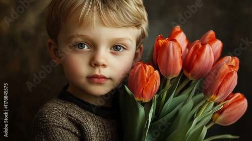 7.Concept 2: A charming young boy with his freshly picked tulips for Mother's Day photo