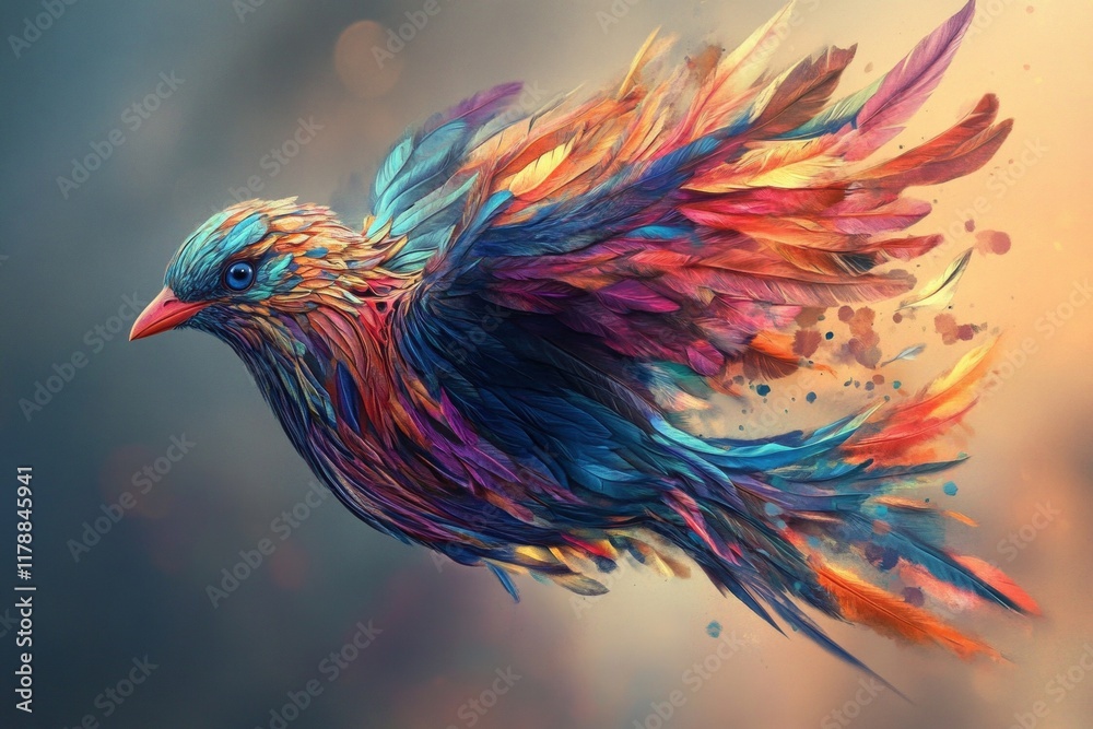 Fototapeta premium Colorful bird with rainbow feathers flying through the air. The bird is surrounded by a splash of colors