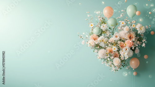 Celebratory floral arrangement with balloons soft pastel background digital artwork bright and cheerful environment artistic perspective whimsical theme for special occasions photo