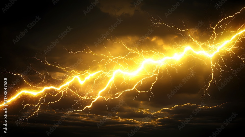 Golden Lightning Strikes Across Dark Cloudscape Golden Lightning Strikes Across Dark Cloudscape