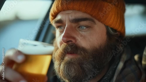 A bearded man in an orange knit hat, holding a beer glass, looking thoughtfully at the drin photo