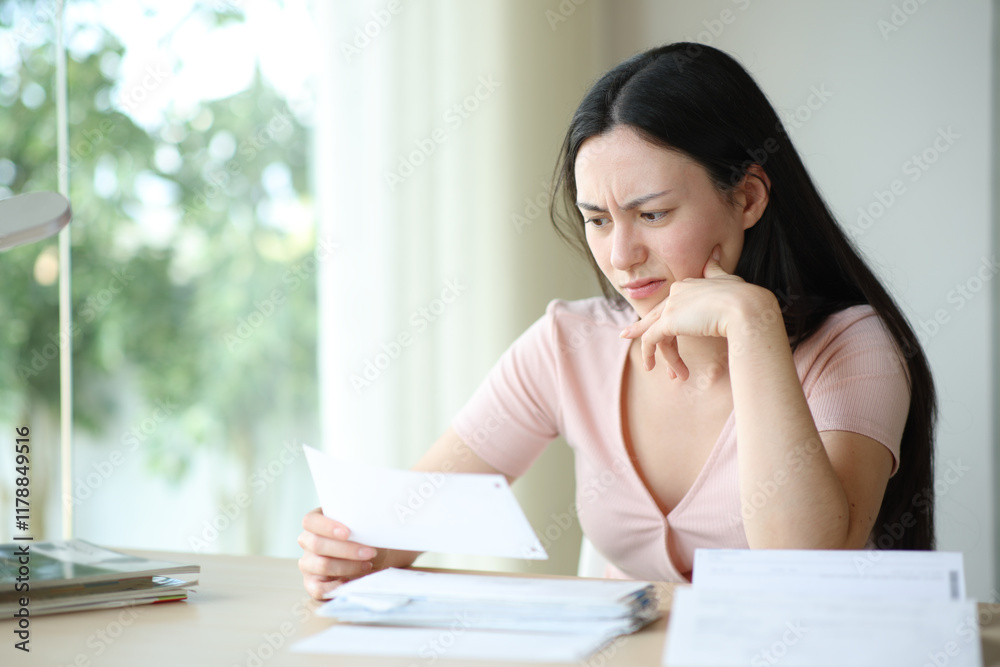 Suspicious asian woman checking receipt at home Suspicious asian woman checking receipt at home