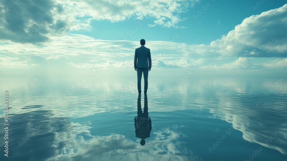 lucid relaxation, man in suit standing on top of water gravityless and with sky on top lucid relaxation, man in suit standing on top of water gravityless and with sky on top