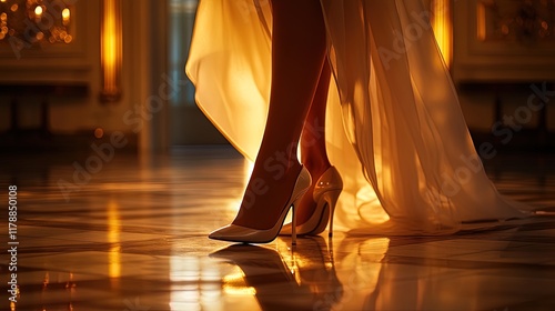 Elegant stilettos paired with a long evening gown, soft lighting and luxury vibe