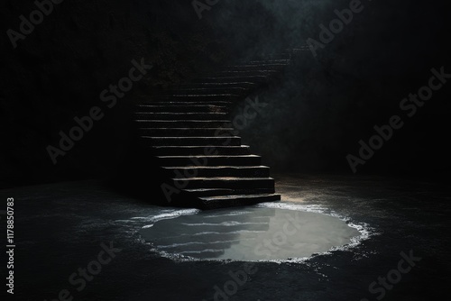 A dark, atmospheric scene featuring a stone staircase descending into shadows with a reflective water pool at the base.