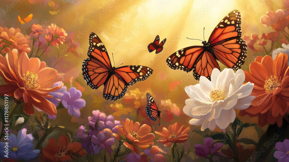 vibrant meadow filled with colorful blossoms and fluttering butterflies under warm sunlight, creating serene and lively atmosphere vibrant meadow filled with colorful blossoms and fluttering butterflies under warm sunlight, creating serene and lively atmosphere