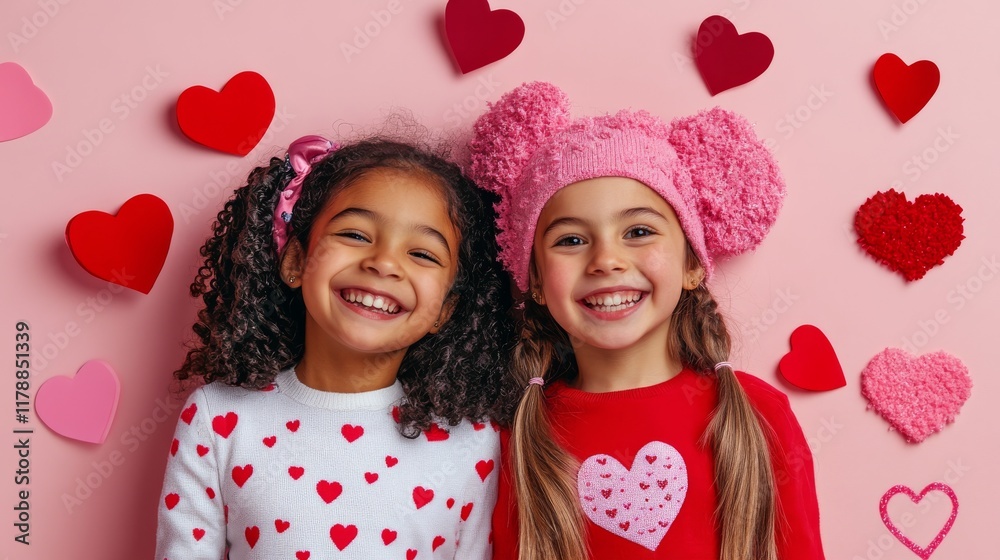 91.Concept 1: Two girls smiling in Valentine's Day-themed clothes and accessories 91.Concept 1: Two girls smiling in Valentine's Day-themed clothes and accessories