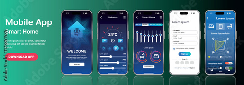 A sleek smart home application interface template featuring modern icons and a gradient design. Includes navigation menus for managing devices, monitoring security, controlling temperature
