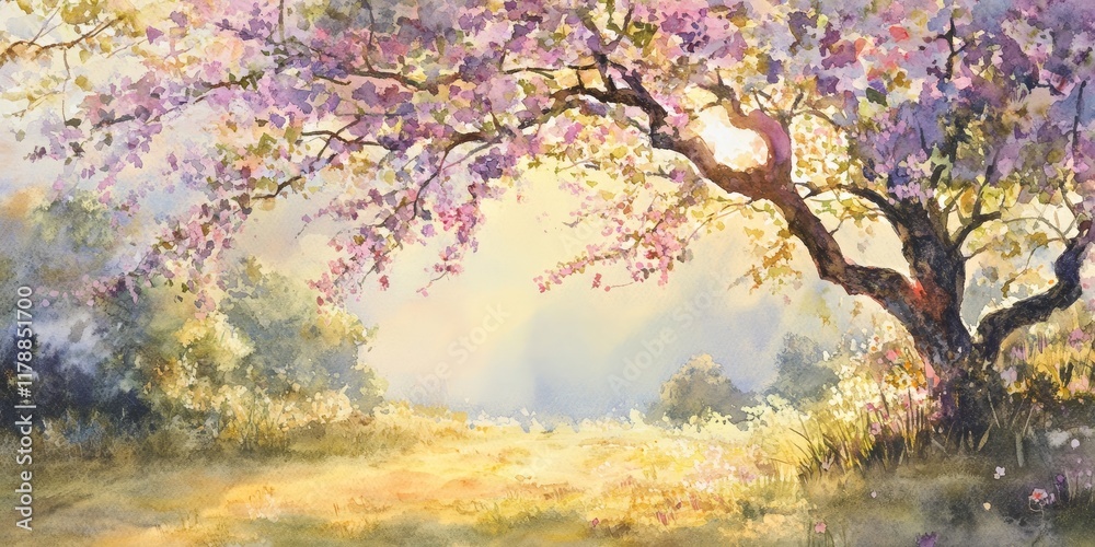 Watercolor painting of a blossoming tree in a meadow at sunrise, featuring soft pastel colors and gentle light. Watercolor painting of a blossoming tree in a meadow at sunrise, featuring soft pastel colors and gentle light.