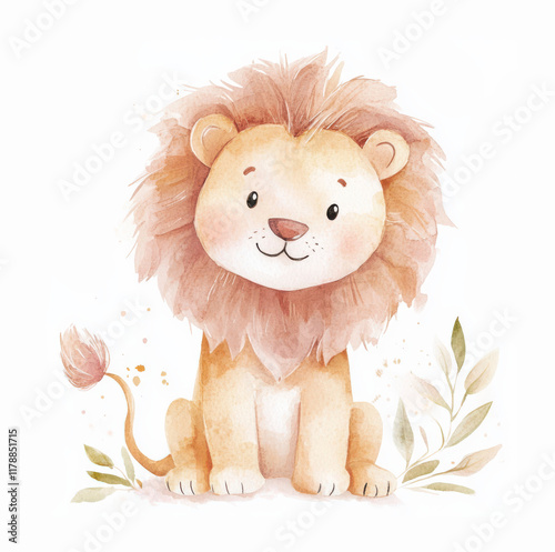 Cute lion illustration with soft colors and gentle expression in a playful design photo