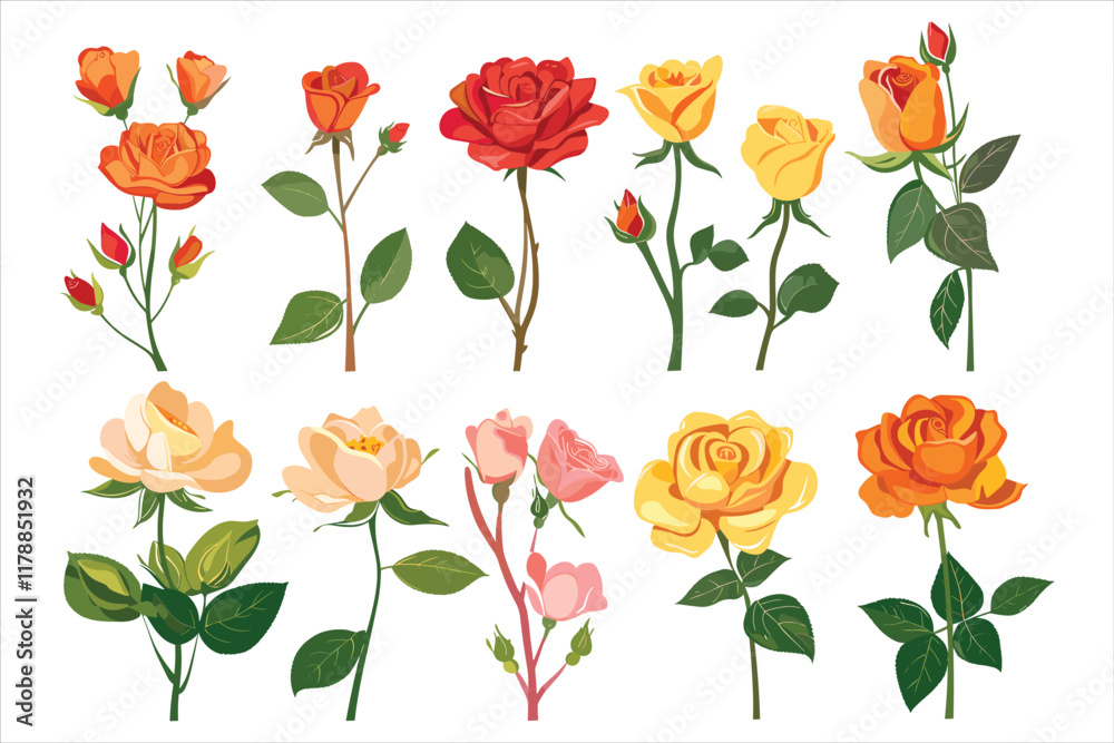 Obraz premium set of different color roes flowers Flat style vector illustration isolated on a white background