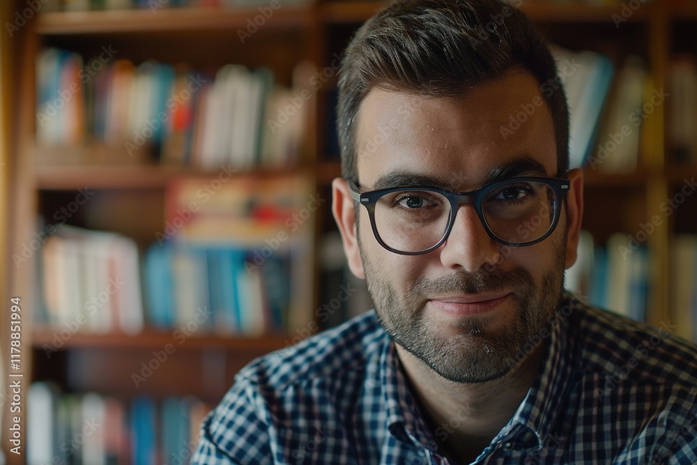 Obraz premium A close-up portrait of a confident professional with glasses, sitting in front of a blurred bookshelf background, smiling slightly.