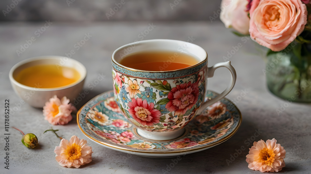 cup of tea and flowers, ai generated cup of tea and flowers, ai generated