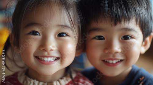 Obraz na płótnie 日本人の3歳・4歳の女の子と男の子の幼児2人が保育園の教室で笑顔で遊んでいるポートレート写真 顔のクローズアップ w salonie