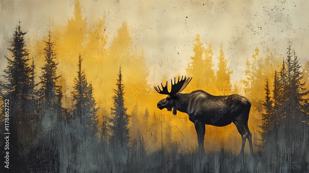 Majestic moose standing in a serene forest clearing, surrounded by tall trees and natural wilderness, background image style book illustration
