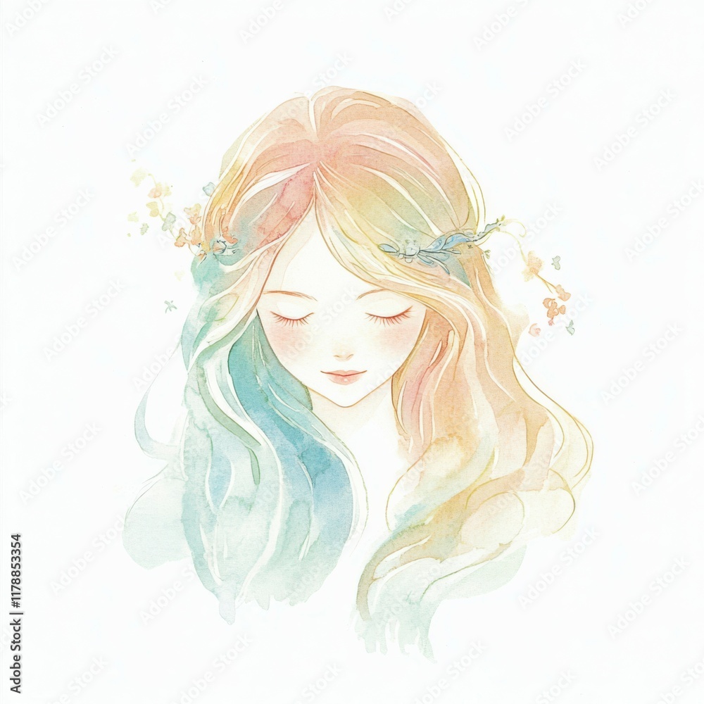 Portrait of a serene young woman with flowing hair and floral accents in pastel colors Portrait of a serene young woman with flowing hair and floral accents in pastel colors