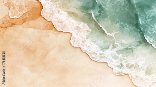watercolor style aerial view of beach with soft seafoam green waves meeting sandy shores, creating serene and artistic coastal scene