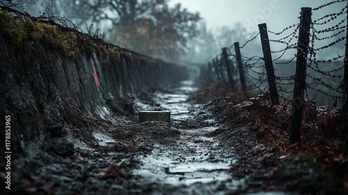 WWI trenches with barbed wire and bunkers, gritty and realistic battlefield photo