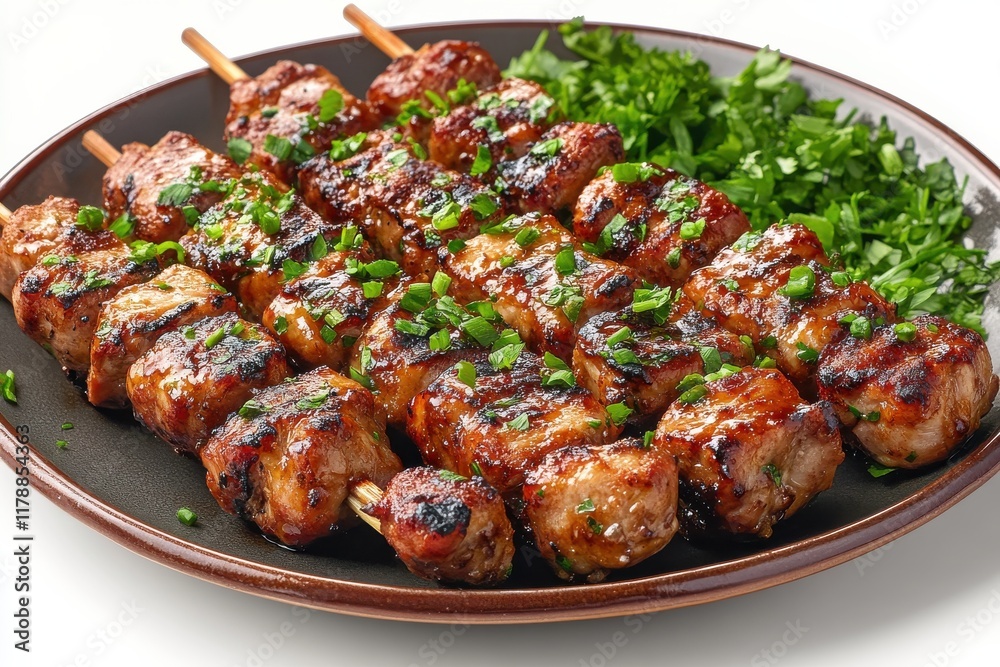 A plate of meat skewers with a side of green vegetables A plate of meat skewers with a side of green vegetables