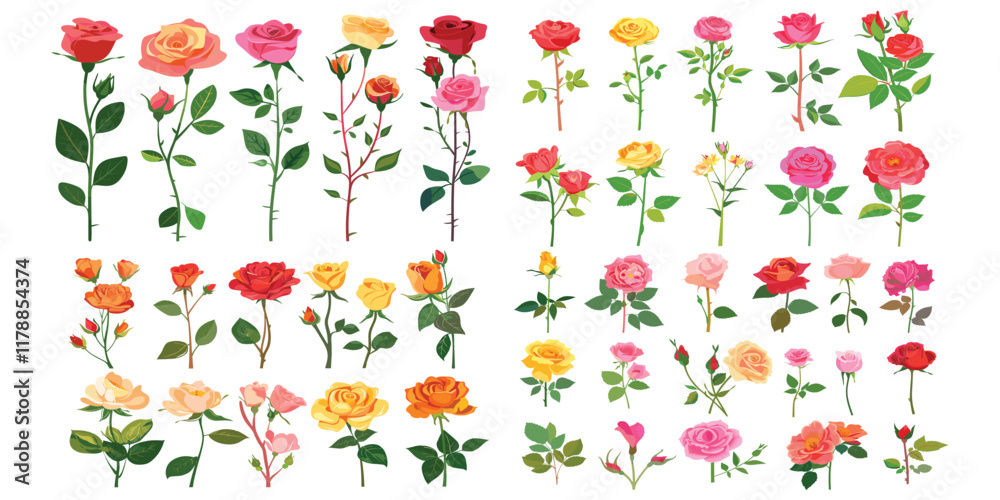 Fototapeta premium set of different color roes flowers Flat style vector illustration isolated on a white background