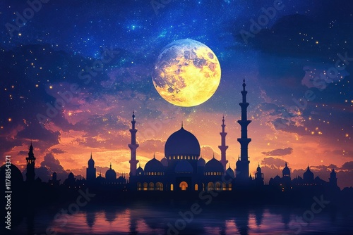 Majestic Mosque Silhouetted Against A Night Sky And Large Moon photo