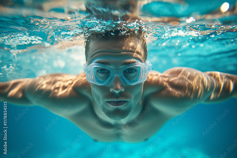 Fototapeta premium A man is swimming in a pool with his arms outstretched. The water is clear and calm, and the man is focused on his strokes. Concept of determination and focus
