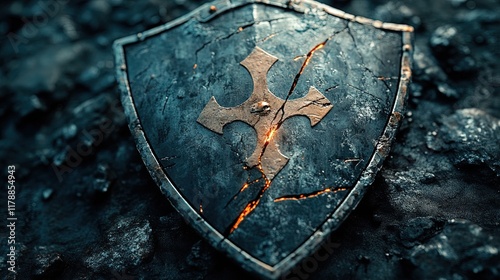 Close-up of a cracked shield with scratches and battle marks, symbol of resilience