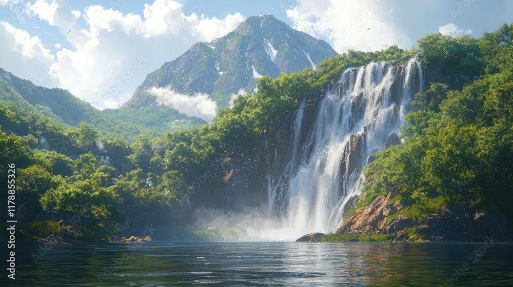 Fototapeta premium Majestic Waterfall in Mountain Lake: A Breathtaking Nature Scene