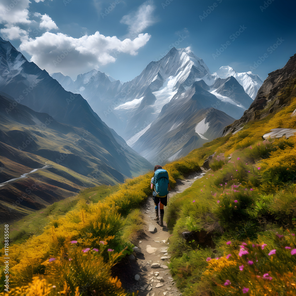 Serene Adventure: Lone Hiker Trekking Through Invigorating Mountain Landscape Serene Adventure: Lone Hiker Trekking Through Invigorating Mountain Landscape