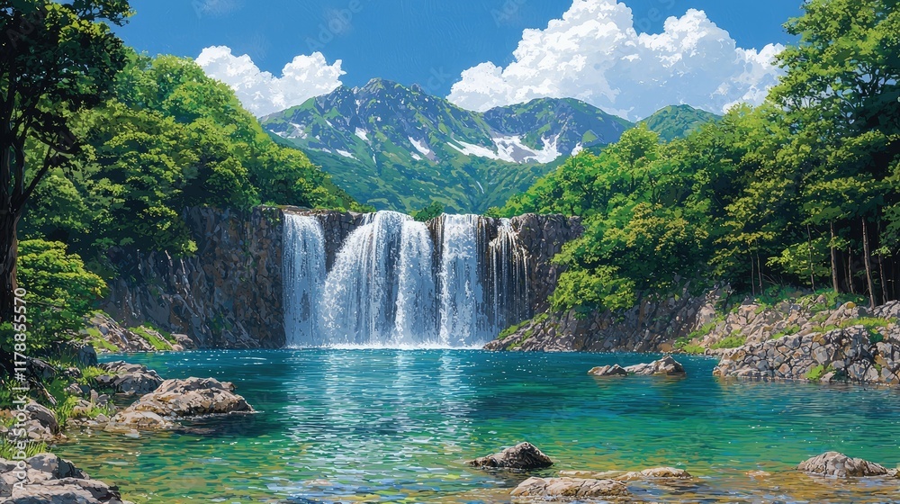Fototapeta premium Majestic Waterfall in Lush Mountain Landscape: Serenity and Beauty of Nature