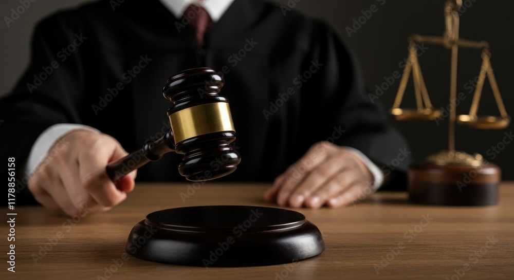 A judge in black robes banging their wooden gavel in the courtroom. Justice. Case. Lawsuit. Scale of justice. Attorney. Toga, gown A judge in black robes banging their wooden gavel in the courtroom. Justice. Case. Lawsuit. Scale of justice. Attorney. Toga, gown