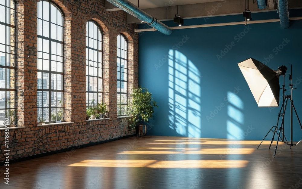 Obraz premium A contemporary studio space with a striking blue wall, a softbox light on the polished floor, exposed brick walls