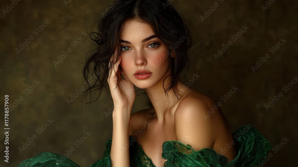 Naklejka premium Elegant Woman in Green Dress, Studio Portrait