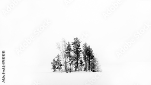 Islet in the winter’s fog at lake Saloistenjärvi, Tammela, Finland.  photo