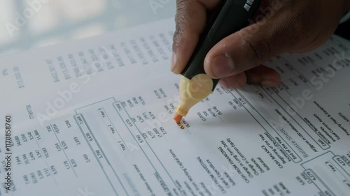 Close-up shot of hand of unrecognizable businessman using highlighter to mark key figures on financial document during analysis