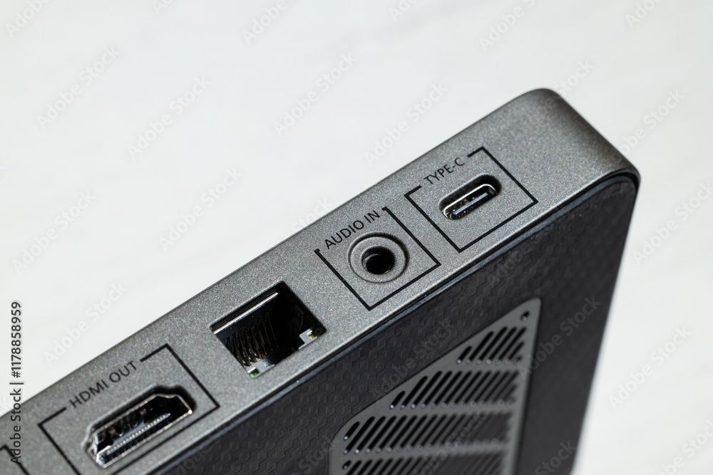 Obraz premium HDMI connector port electronic device box with ports to cables isolated