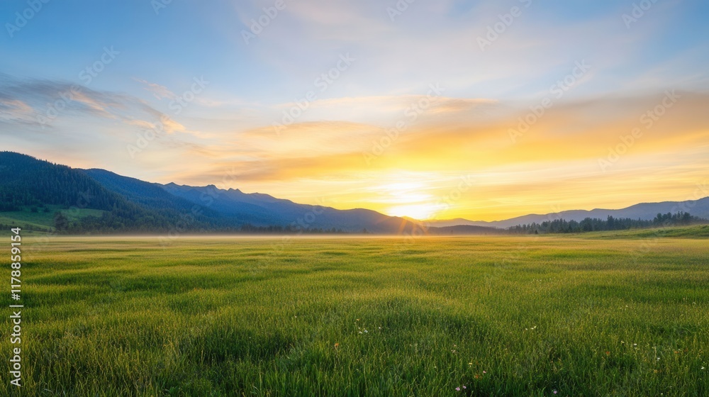 Serene Sunrise Over Lush Green Meadow and Majestic Mountains Serene Sunrise Over Lush Green Meadow and Majestic Mountains